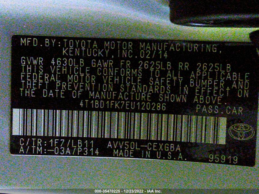 2014 TOYOTA CAMRY HYBRID LE/XLE/SE LIMITED EDITION 4T1BD1FK7EU120286