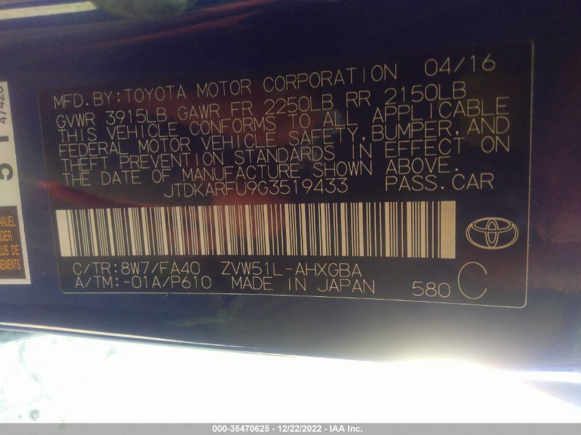 2016 TOYOTA PRIUS FOUR - JTDKARFU9G3519433