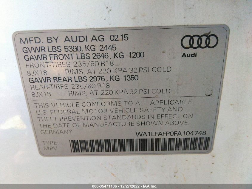 2015 AUDI Q5 PREMIUM PLUS WA1LFAFP0FA104748