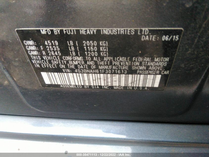 2015 SUBARU LEGACY 2.5I PREMIUM 4S3BNAH61F3071613