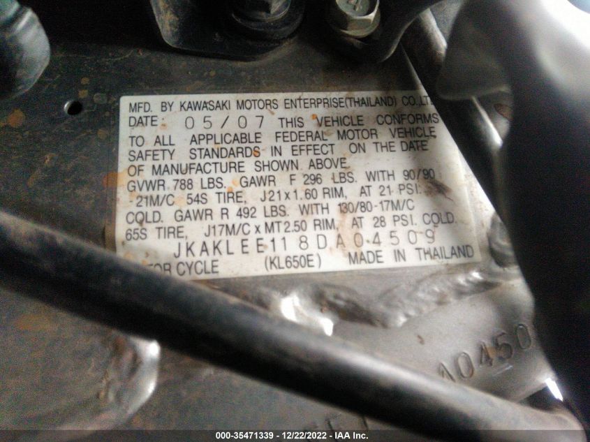 2008 KAWASAKI KL650 E JKAKLEE118DA04509
