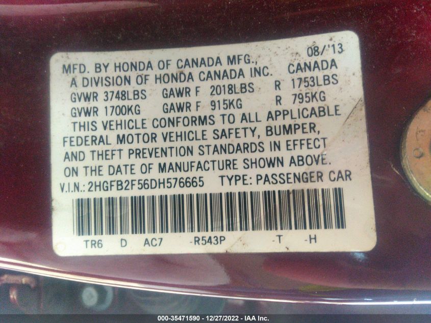 2013 HONDA CIVIC SDN LX 2HGFB2F56DH576665
