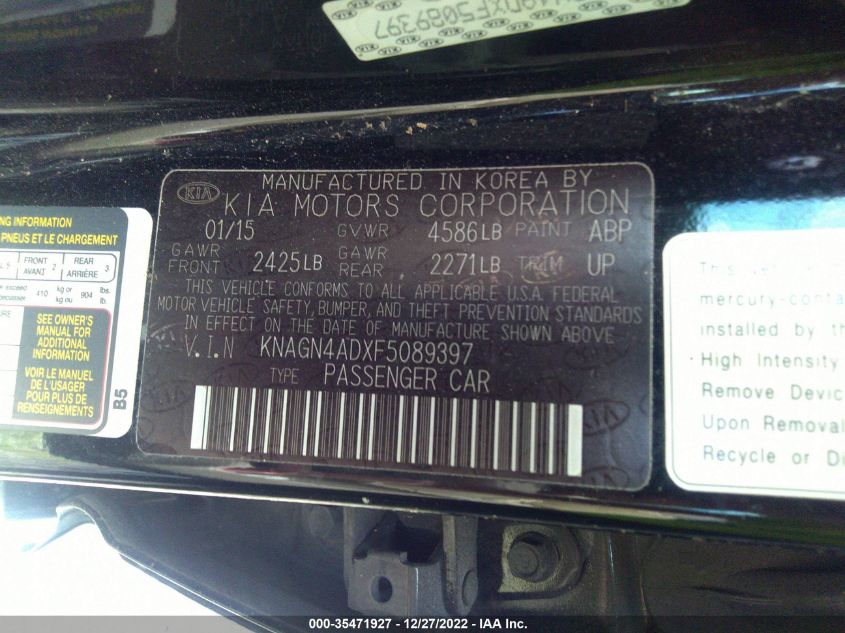 2015 KIA OPTIMA HYBRID EX KNAGN4ADXF5089397