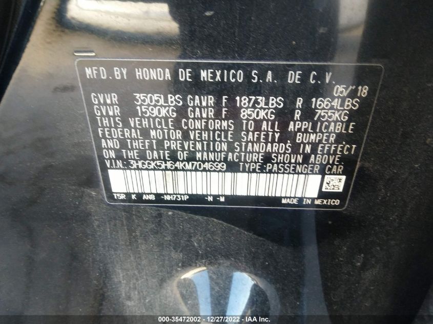 2019 HONDA FIT SPORT 3HGGK5H64KM704699
