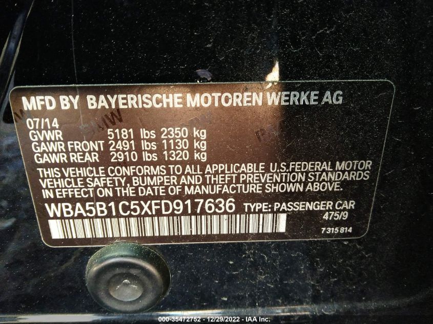 2015 BMW 5 SERIES 535I WBA5B1C5XFD917636
