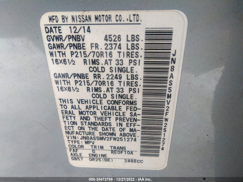 2015 NISSAN ROGUE SELECT S JN8AS5MV2FW251274