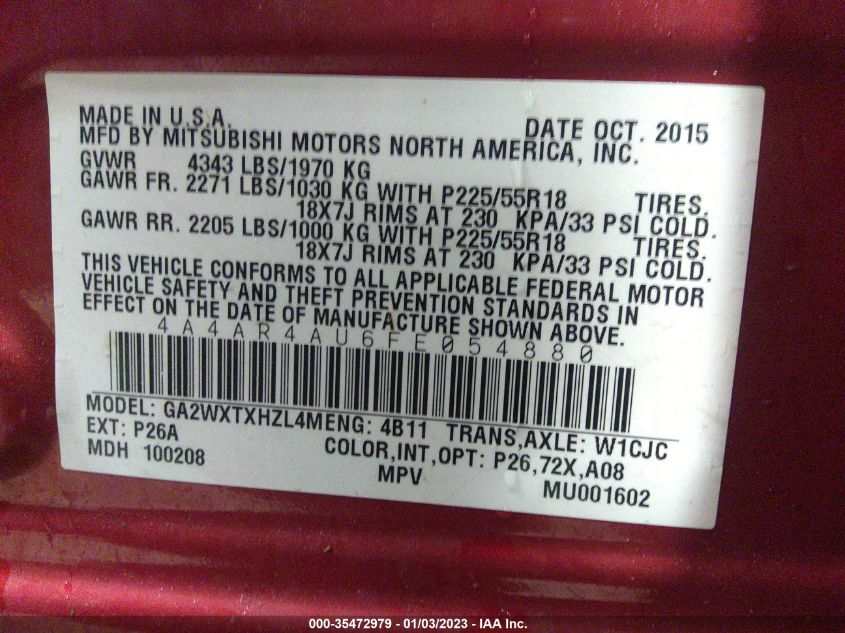 2015 MITSUBISHI OUTLANDER SPORT SE 4A4AR4AU6FE054880