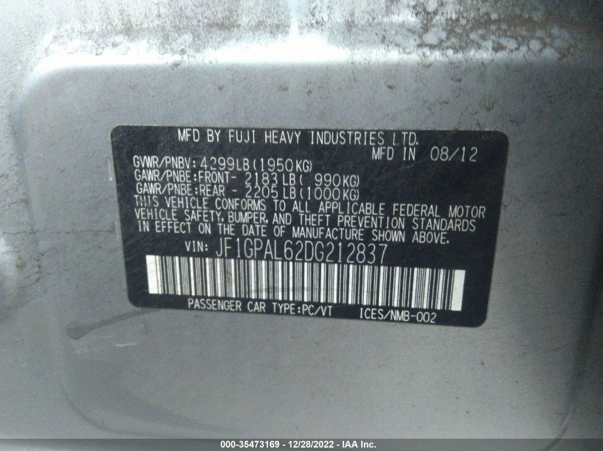 2013 SUBARU IMPREZA WAGON 2.0I SPORT PREMIUM JF1GPAL62DG212837