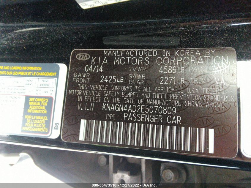 2014 KIA OPTIMA HYBRID EX KNAGN4AD2E5070809