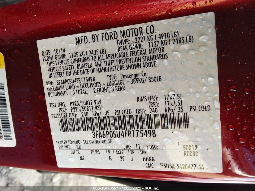 2015 FORD FUSION ENERGI TITANIUM 3FA6P0SU4FR175498