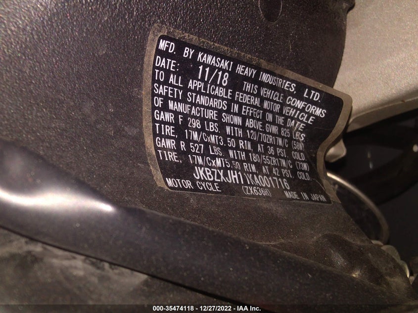 VIN JKBZXJH11KA001716 2019 KAWASAKI ZX636 K