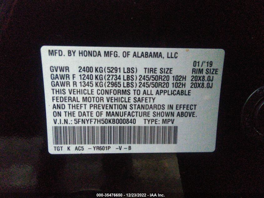 2019 HONDA PASSPORT EX-L 5FNYF7H50KB000840