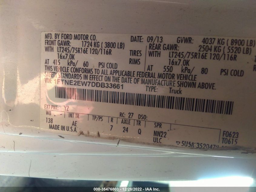 2013 FORD ECONOLINE CARGO VAN COMMERCIAL/RECREATIONAL 1FTNE2EW7DDB33661