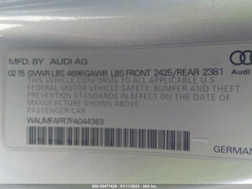 2015 AUDI A5 PREMIUM PLUS WAUMFAFR7FA044363
