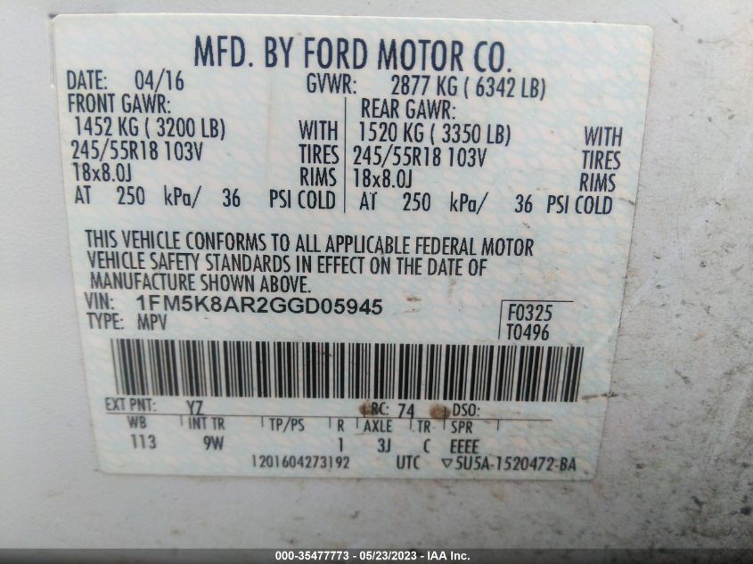 2016 FORD UTILITY POLICE 1FM5K8AR2GGD05945