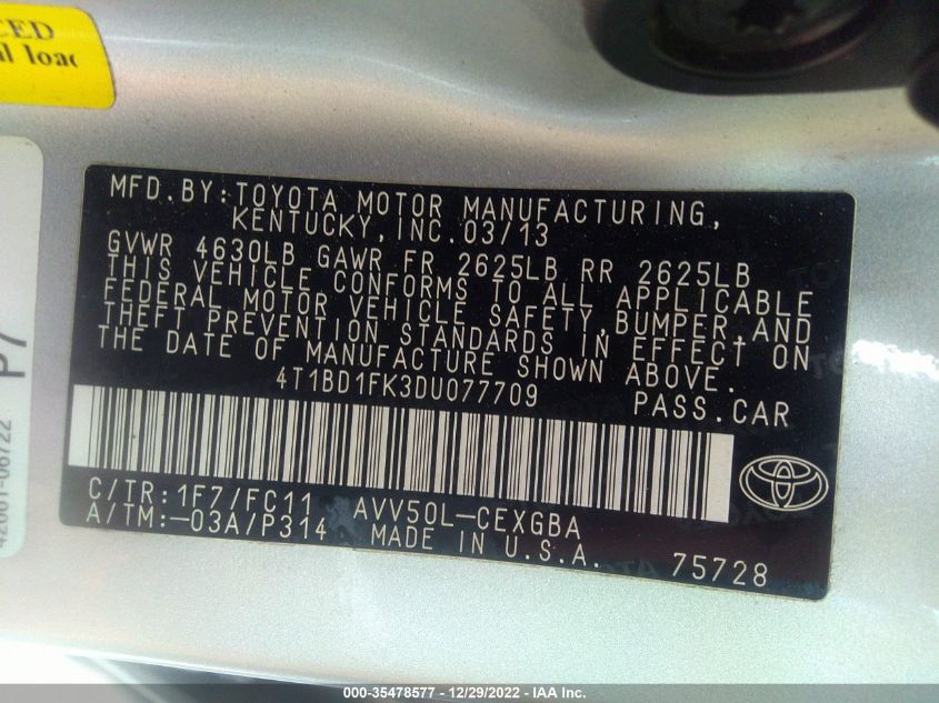 2013 TOYOTA CAMRY HYBRID XLE 4T1BD1FK3DU077709