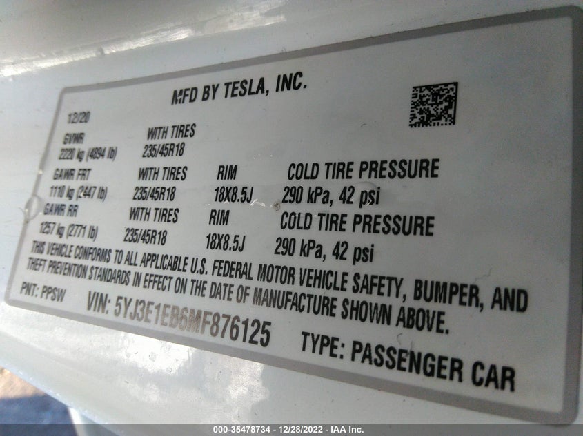 VIN 5YJ3E1EB6MF876125 2021 TESLA MODEL 3 LONG RANGE