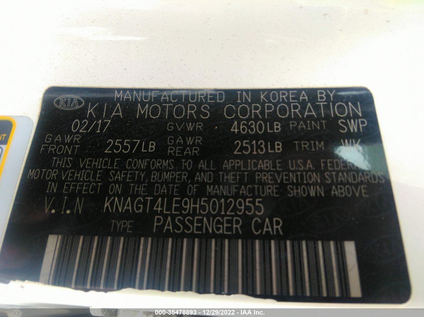 2017 KIA OPTIMA HYBRID BASE - KNAGT4LE9H5012955