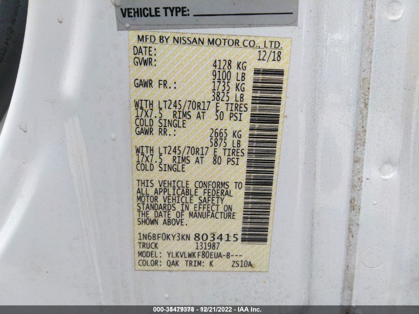 2019 NISSAN NV CARGO S 1N6BF0KY3KN803415