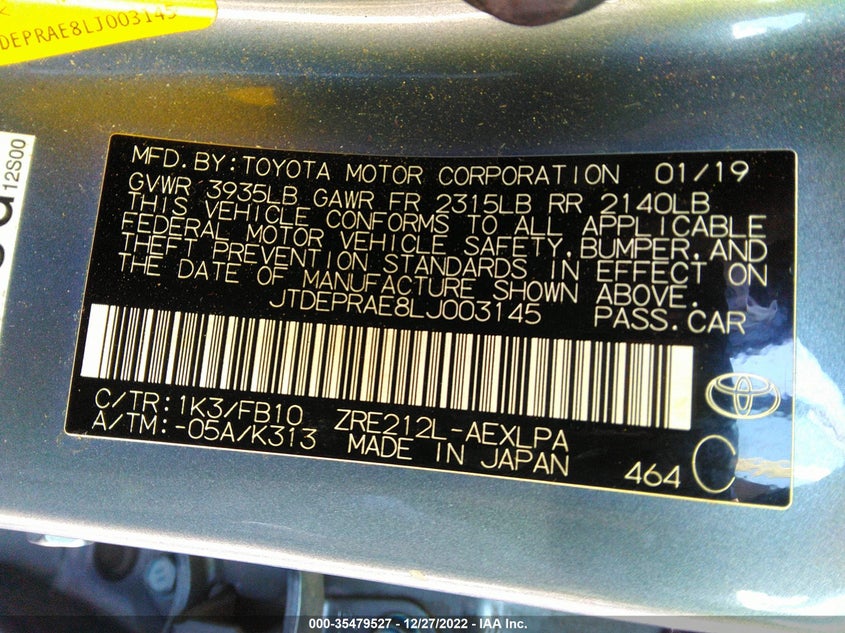 VIN JTDEPRAE8LJ003145 2020 TOYOTA COROLLA LE