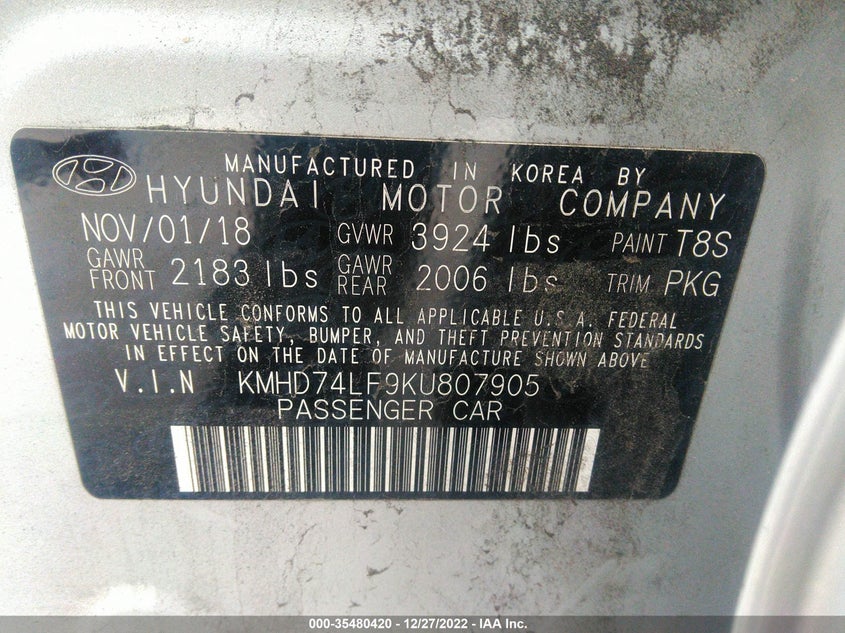 VIN KMHD74LF9KU807905 2019 HYUNDAI ELANTRA SE