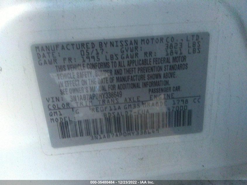 VIN 3N1AB7AP0HY338649 2017 NISSAN SENTRA SV