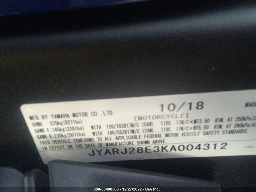 2019 YAMAHA YZFR6 JYARJ28E3KA004312