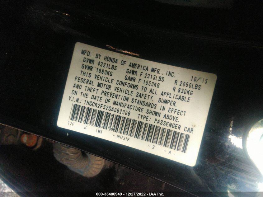 2016 HONDA ACCORD SEDAN SPORT - 1HGCR2F52GA062006