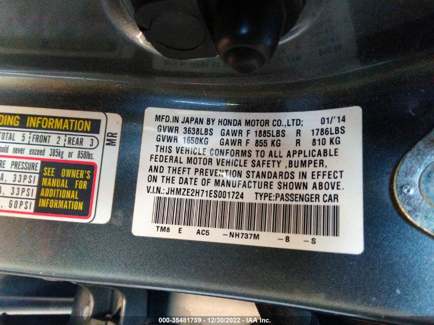 2014 HONDA INSIGHT EX - JHMZE2H71ES001724