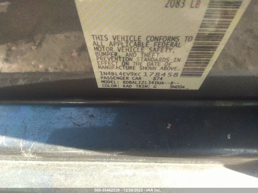 VIN 1N4BL4EV9KC178458 2019 NISSAN ALTIMA 2.5 SL