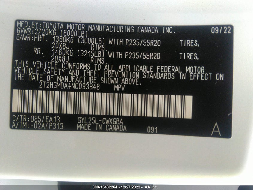 VIN 2T2HGMDA4NC093848 2022 LEXUS RX RX 450H
