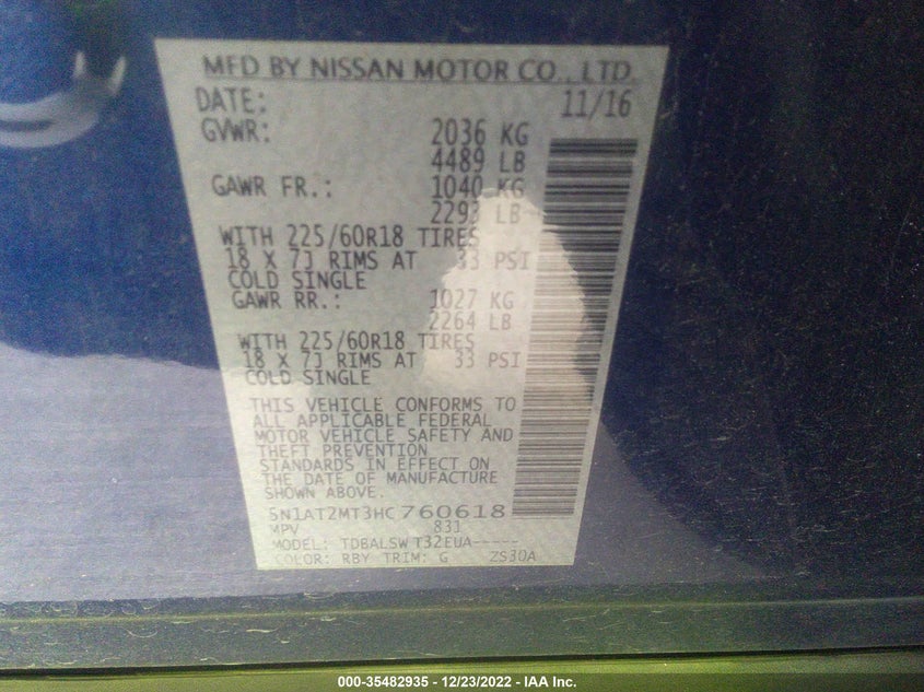 VIN 5N1AT2MT3HC760618 2017 NISSAN ROGUE SL