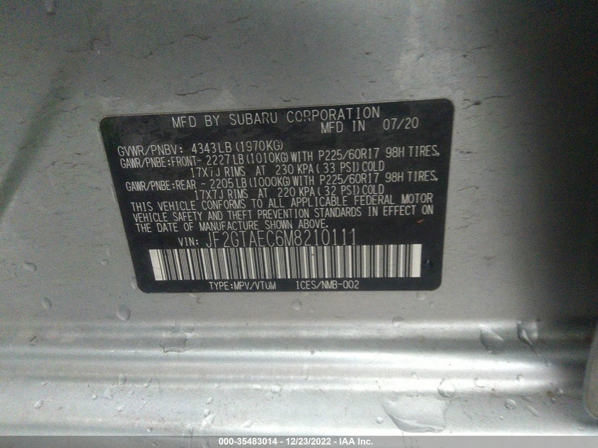 VIN JF2GTAEC6M8210111 2021 SUBARU CROSSTREK PREMIUM