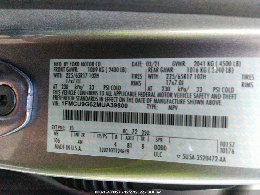 1FMCU9G62MUA39800 2021 FORD ESCAPE, photo no. 9