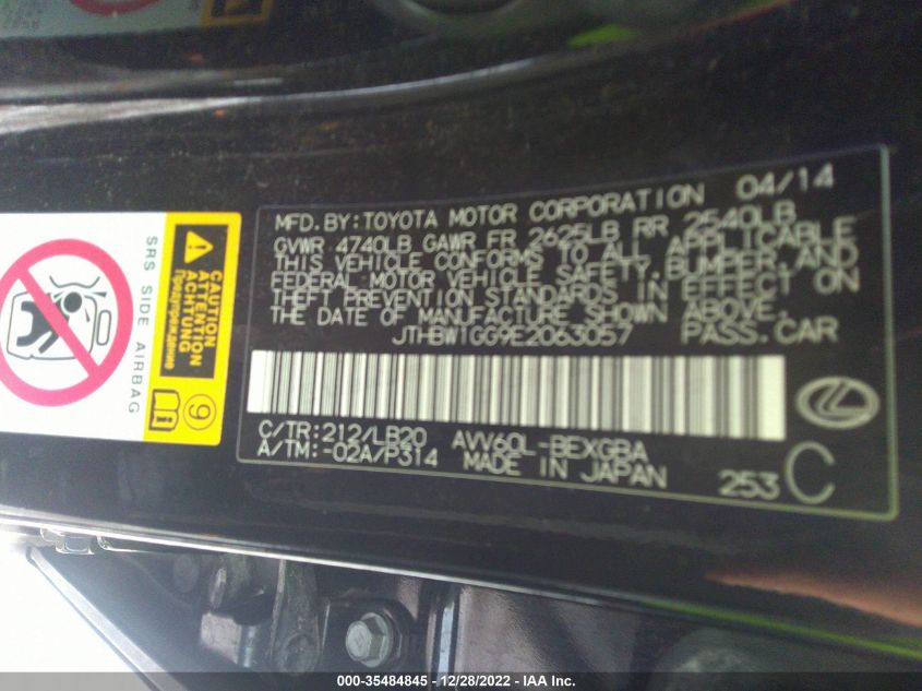 2014 LEXUS ES 300H HYBRID JTHBW1GG9E2063057
