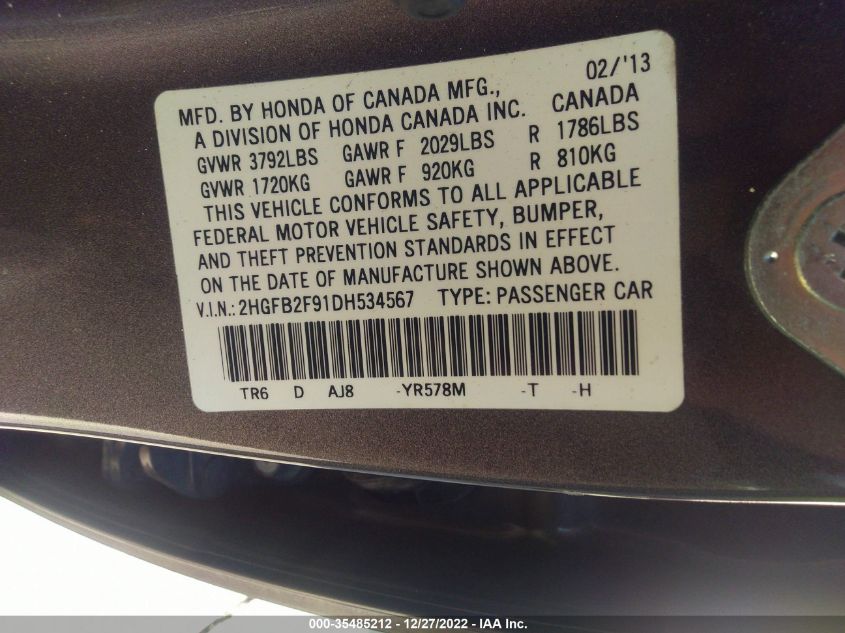 2013 HONDA CIVIC SDN EX-L 2HGFB2F91DH534567