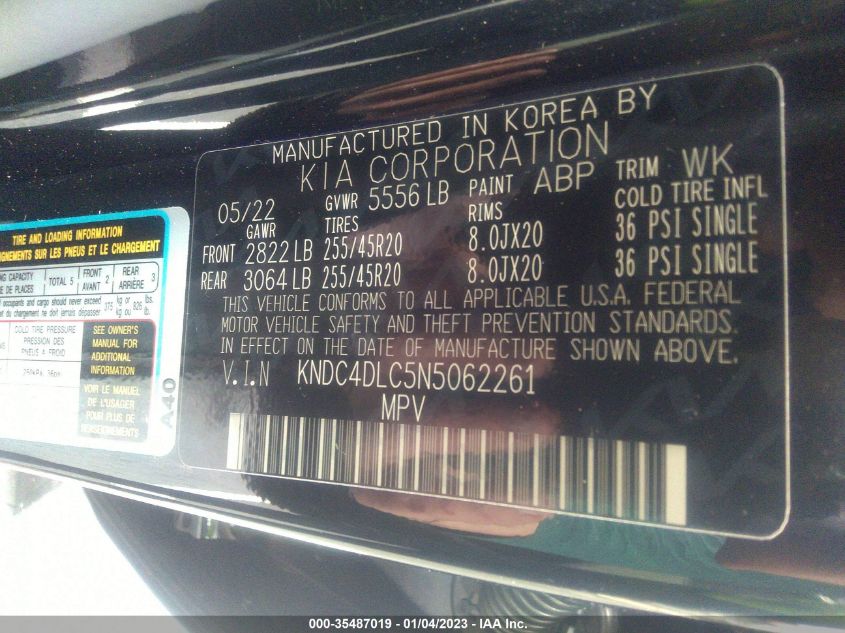 2022 KIA EV6 GT-LINE KNDC4DLC5N5062261