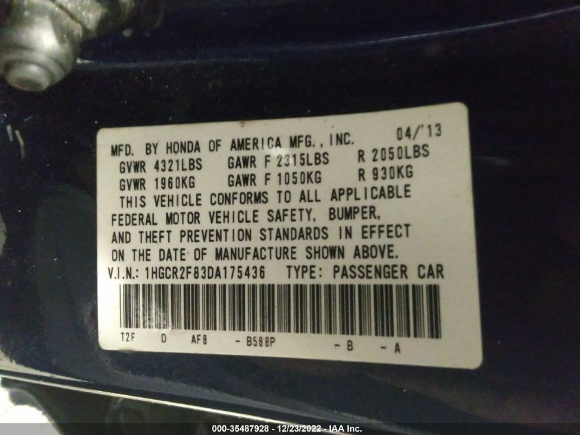 2013 HONDA ACCORD SDN EX-L - 1HGCR2F83DA175436
