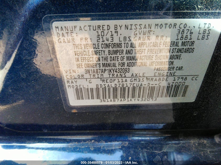 VIN 3N1AB7AP1KY432093 2019 NISSAN SENTRA SV