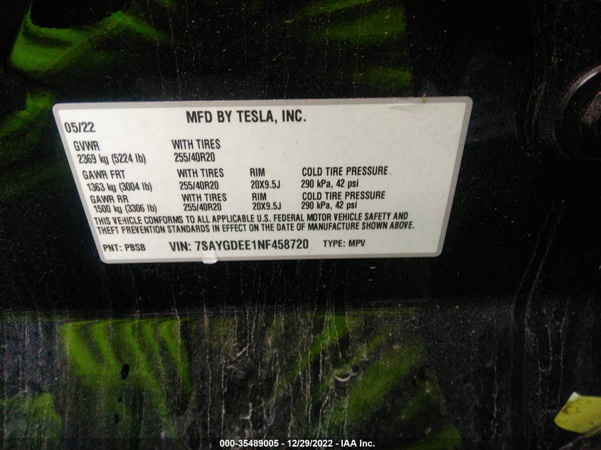 VIN 7SAYGDEE1NF458720 2022 TESLA MODEL Y LONG RANGE