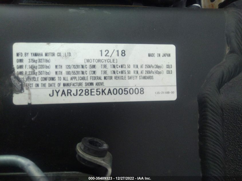 2019 YAMAHA YZFR6 JYARJ28E5KA005008