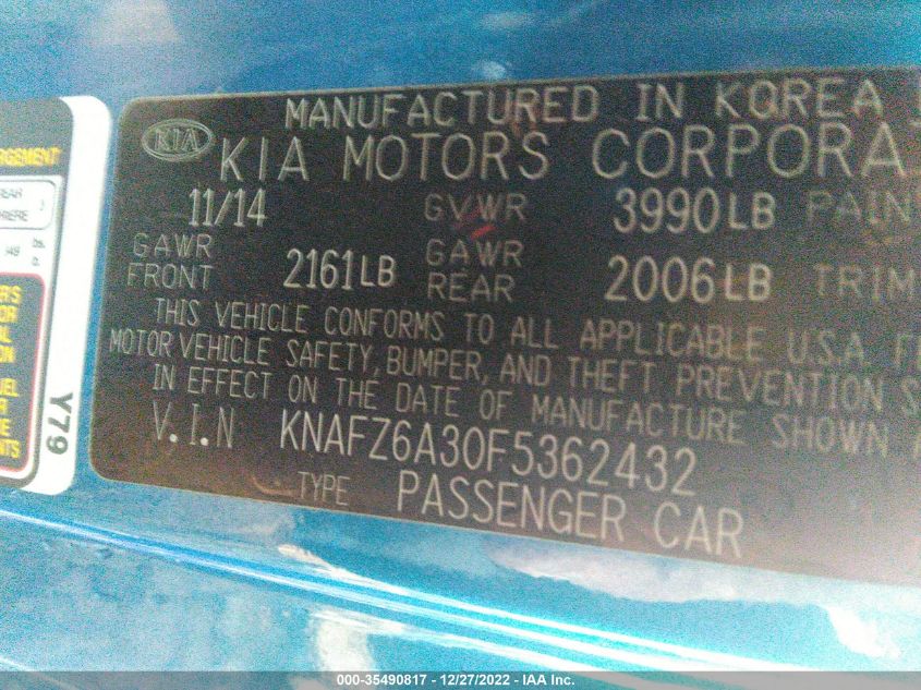 2015 KIA FORTE KOUP SX KNAFZ6A30F5362432