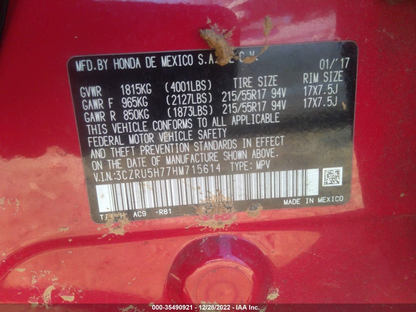 VIN 3CZRU5H77HM715614 2017 HONDA HR-V EX-L NAVI