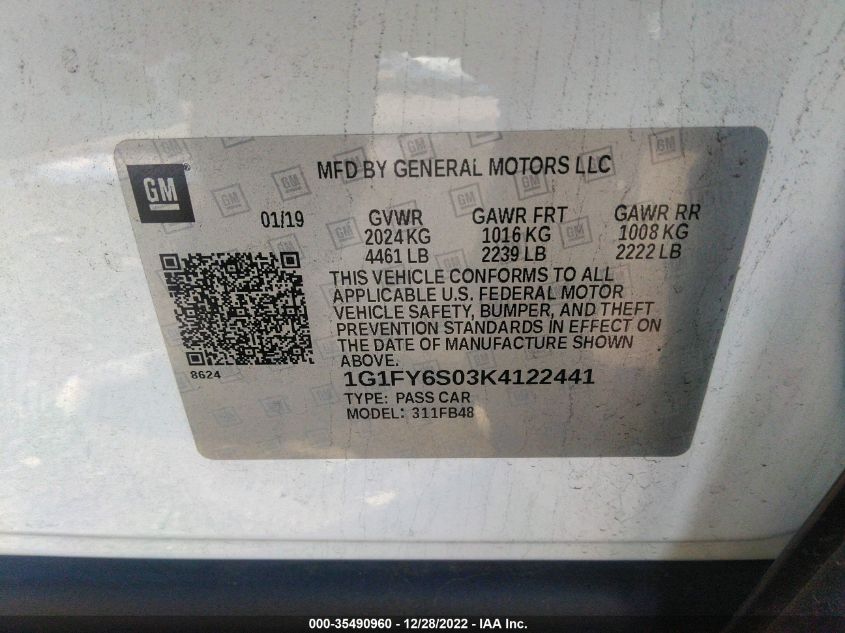 2019 CHEVROLET BOLT EV LT 1G1FY6S03K4122441