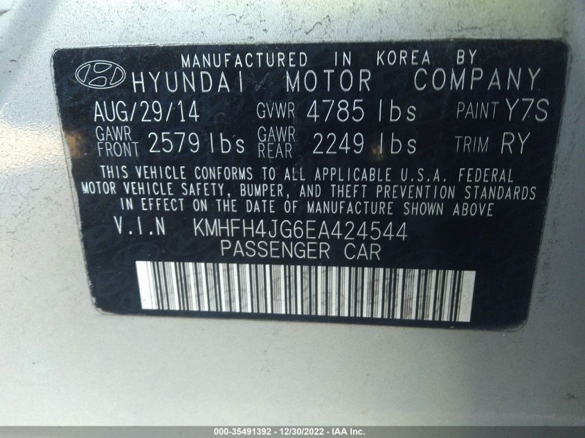 2014 HYUNDAI AZERA LIMITED KMHFH4JG6EA424544