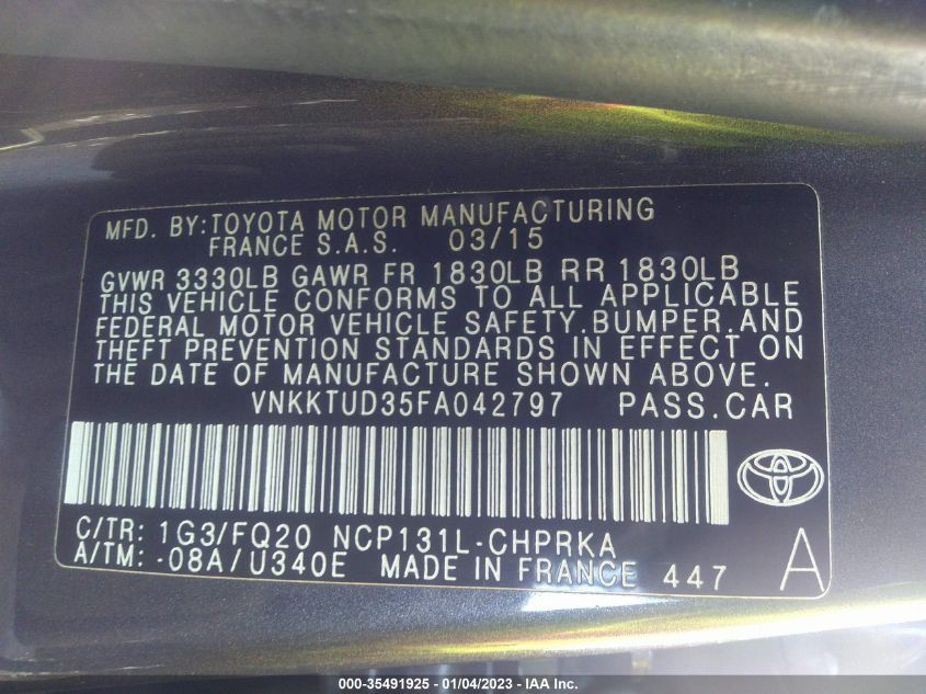 2015 TOYOTA YARIS L/SE/LE VNKKTUD35FA042797