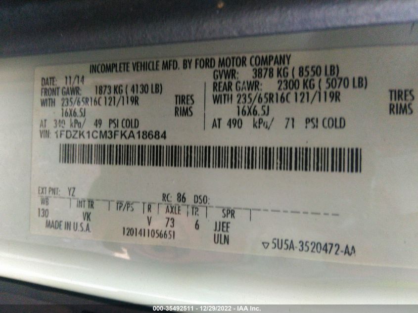 2015 FORD TRANSIT WAGON XL/XLT 1FDZK1CM3FKA18684