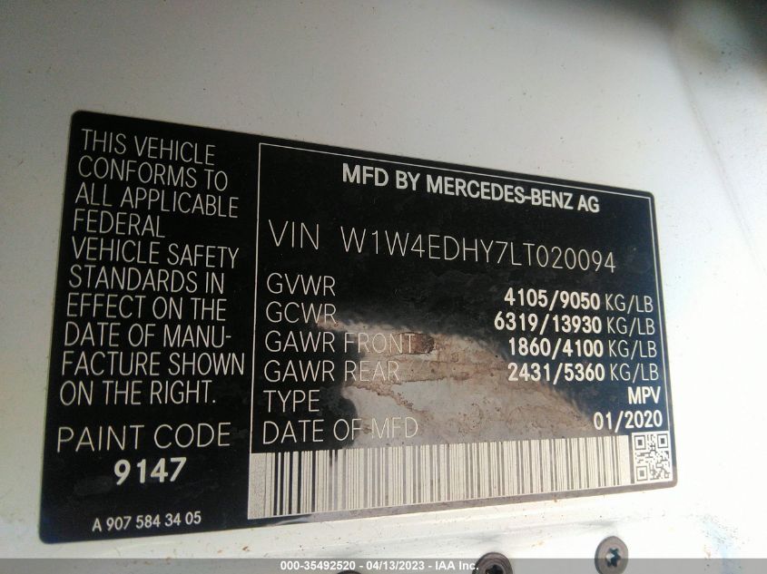 2020 MERCEDES-BENZ SPRINTER CARGO VAN W1W4EDHY7LT020094