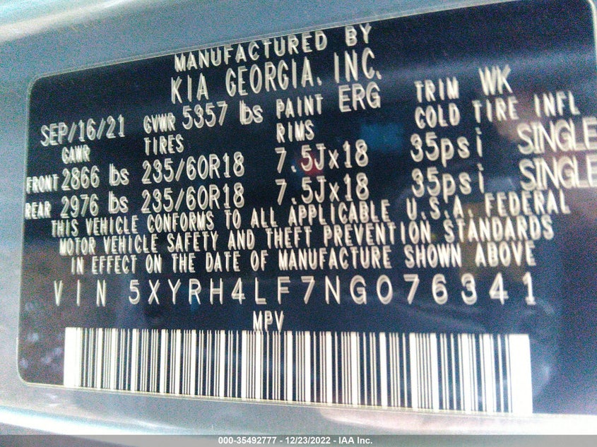 VIN 5XYRH4LF7NG076341 2022 KIA SORENTO EX