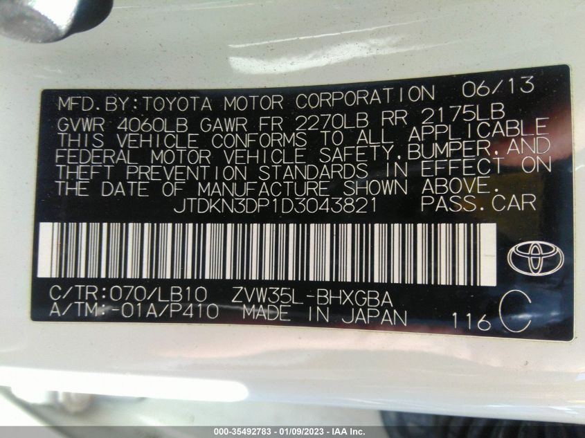 2013 TOYOTA PRIUS PLUG-IN JTDKN3DP1D3043821